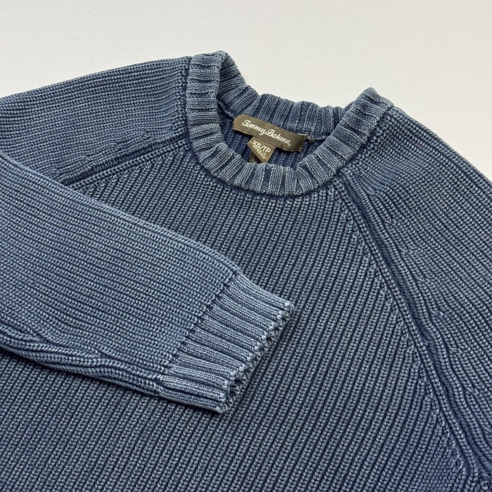 Tommy Bahama Sweater‎ Womens XS Blue Cotton Raglan Crewneck Rib Knit Pullover